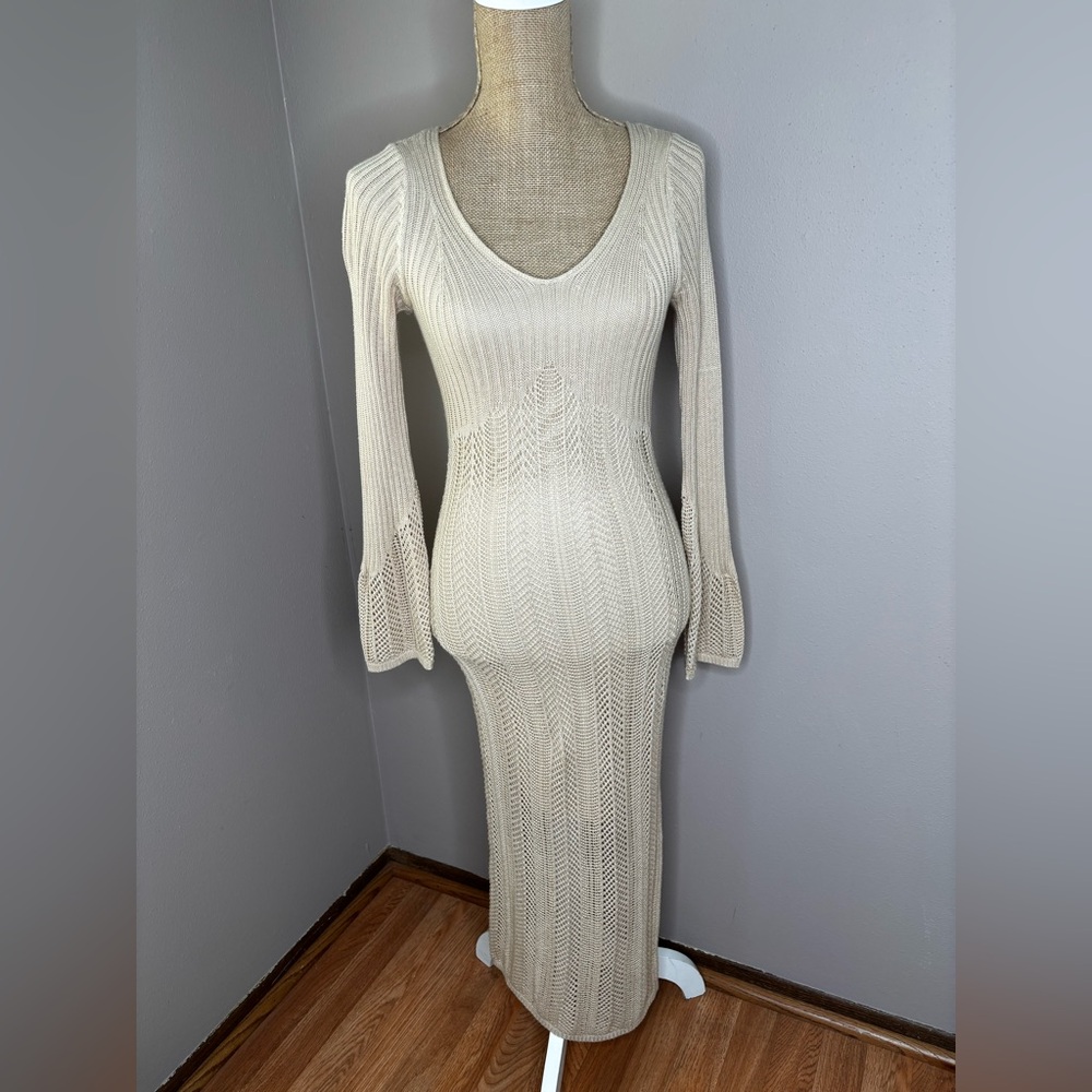Freshman 1996 Beige Lined Crochet/Sweater Dress Bell Long Sleeves Size XS